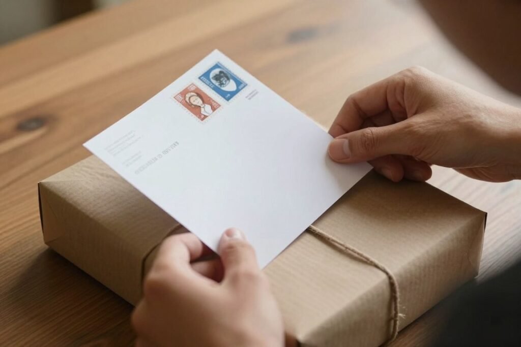 A person opening a birthday package or card received in the mail