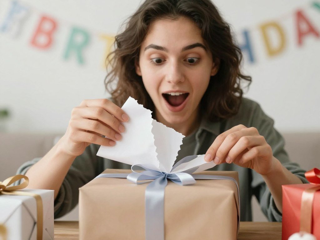 A person opening a gag gift with a surprised and amused expression, perfect for happy birthday funny humorous gift ideas