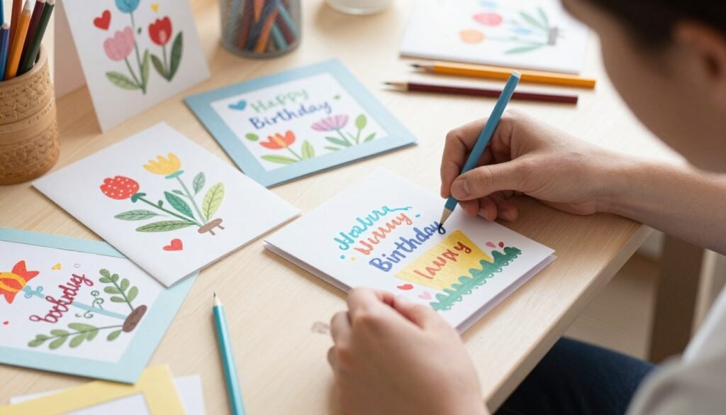 A person putting finishing touches on a beautiful handmade birthday card at a well-organized craft desk A person putting finishing touches on a beautiful handmade birthday card at a well-organized craft desk