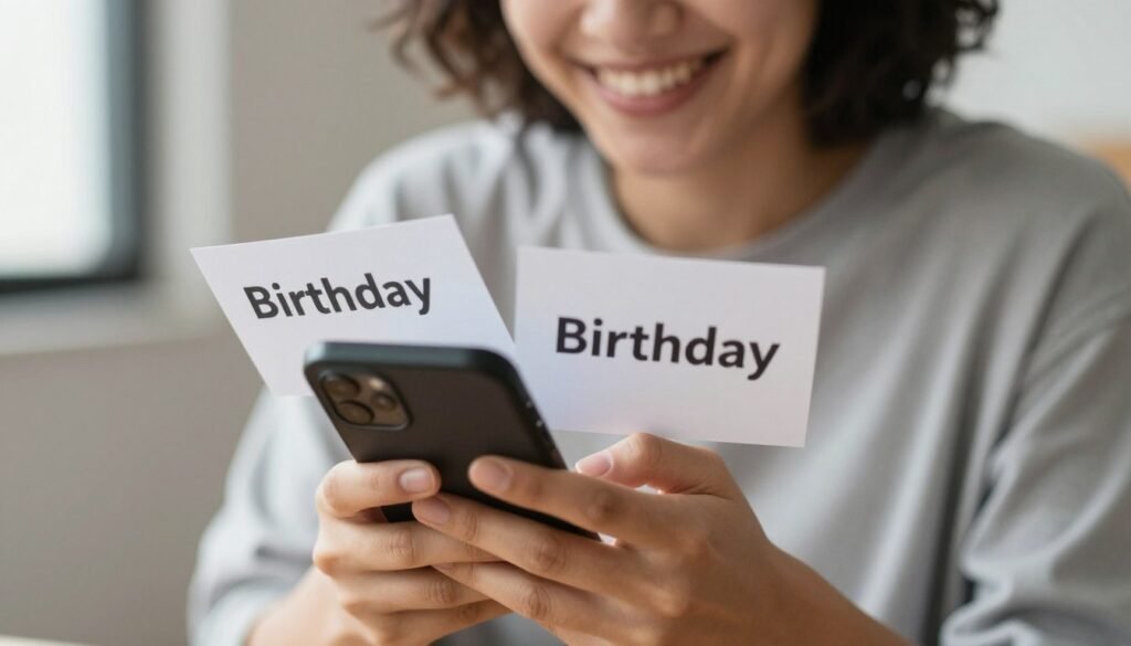 A person smiling while reading birthday messages on their phone