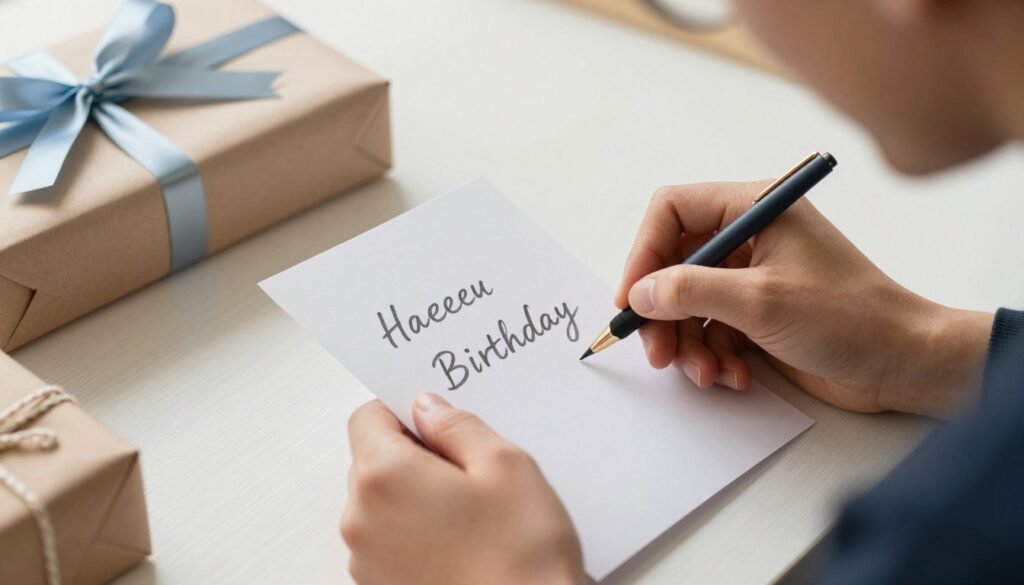 A person smiling while writing a birthday message in a card