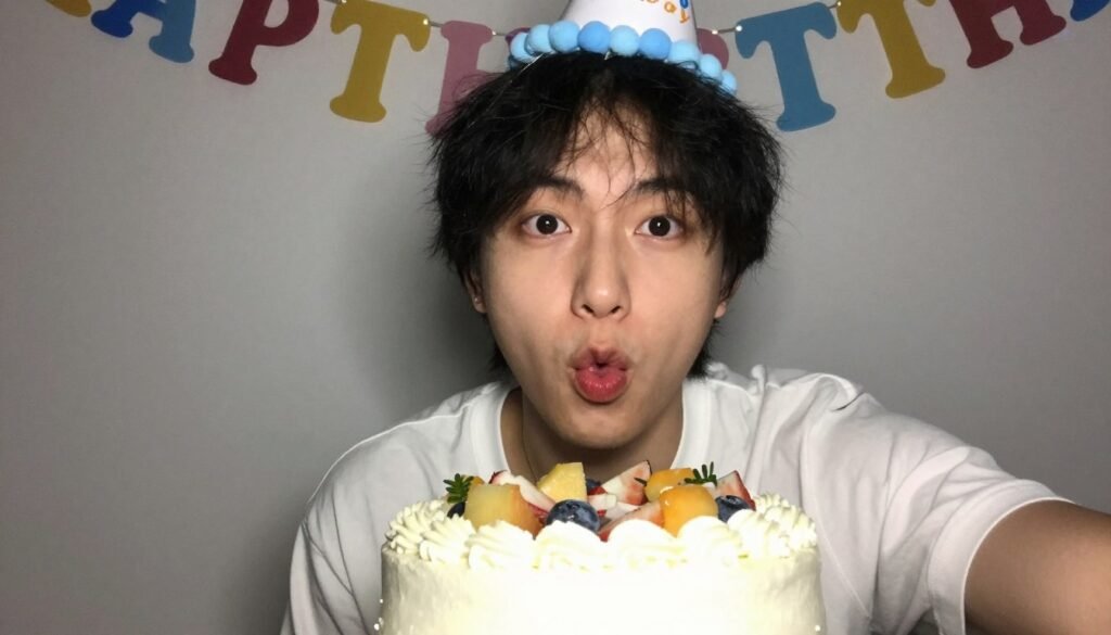 A person taking a selfie with a birthday cake and making a funny face, perfect for happy birthday funny humorous social media content