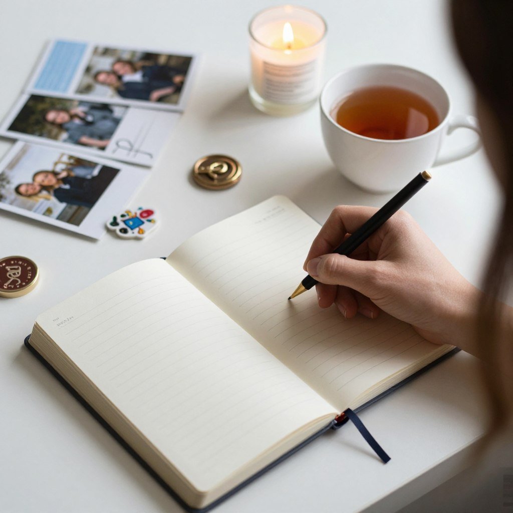 A person writing in a birthday reflection journal for a happy birthday to me ritual A person writing in a birthday reflection journal for a happy birthday to me ritual