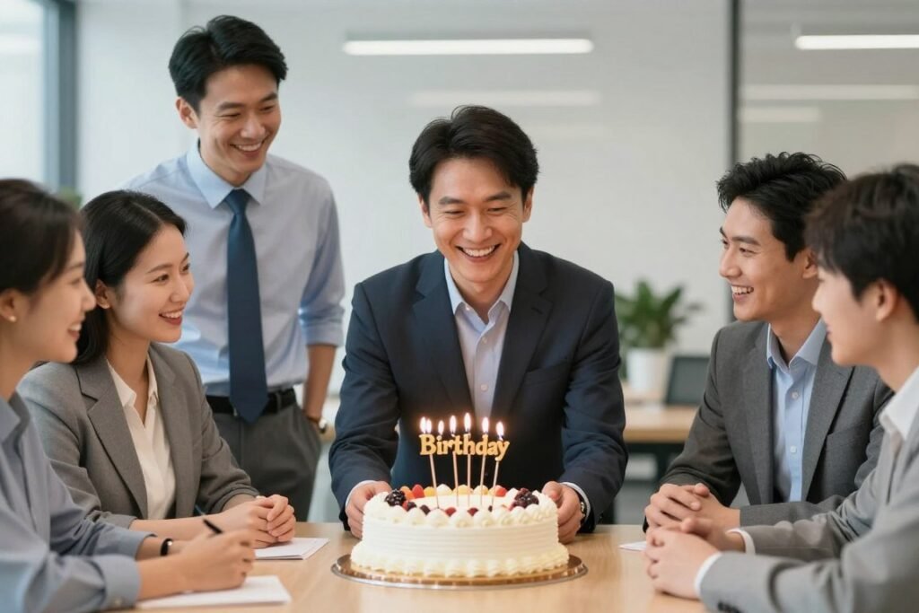 A professional office birthday celebration with colleagues gathered around a cake