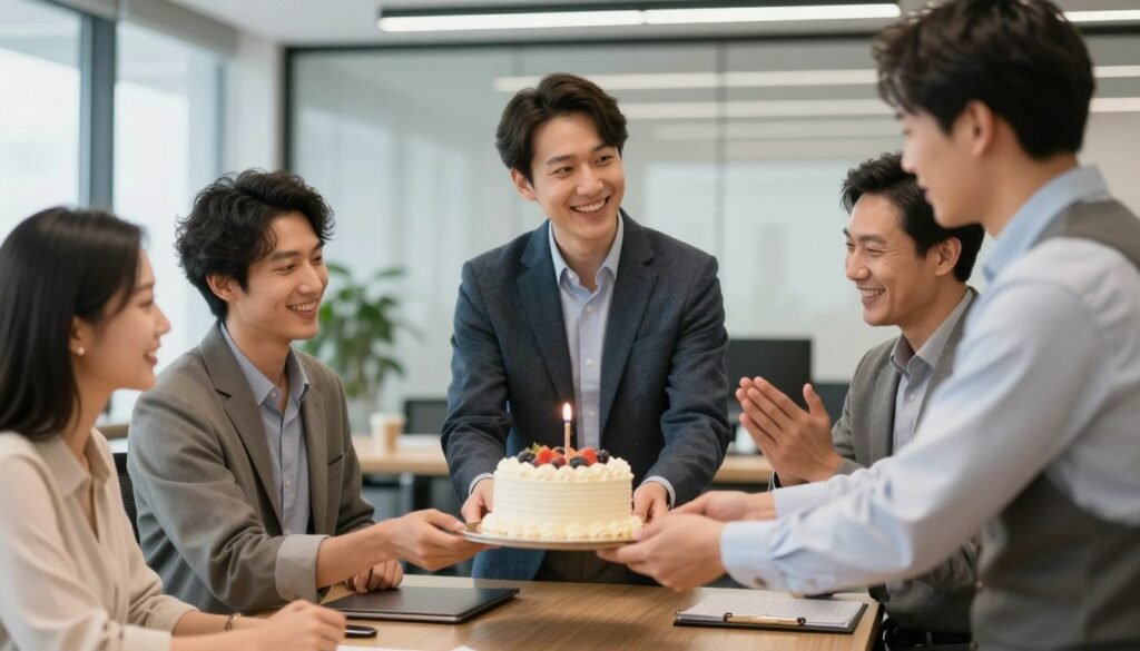 A professional office birthday celebration with colleagues sharing happy birthday wishes A professional office birthday celebration with colleagues sharing happy birthday wishes