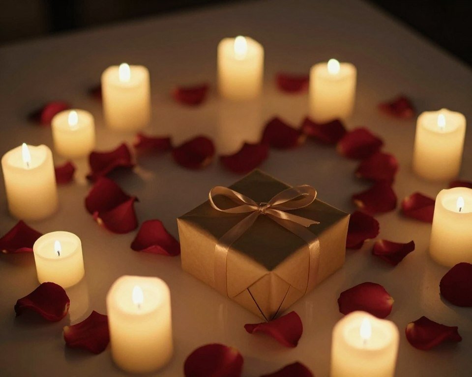 A romantic birthday setup with candles and roses