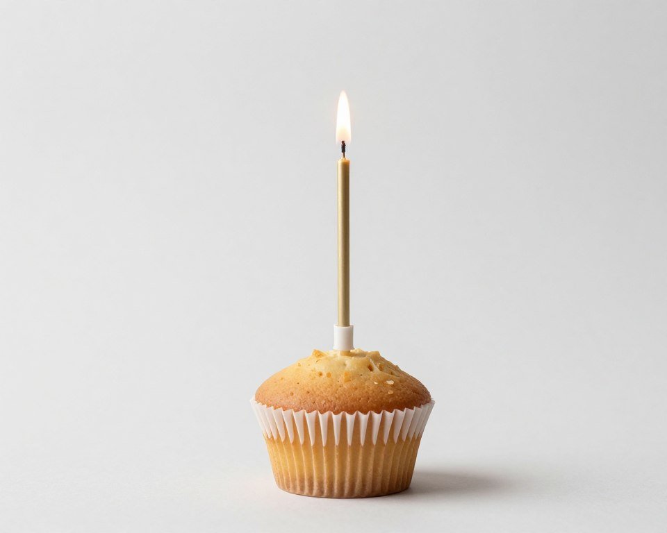 A simple birthday cupcake with a single candle on a minimalist background