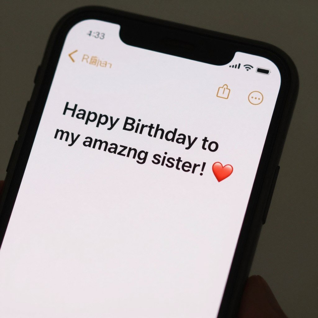 A simple birthday text message on a phone screen saying 'Happy Birthday to my amazing sister!'