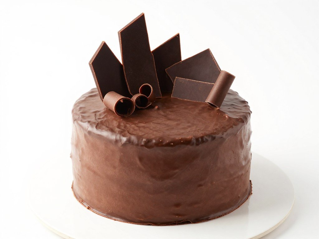 A simple chocolate cake topped with chocolate shards and curls for texture and visual interest