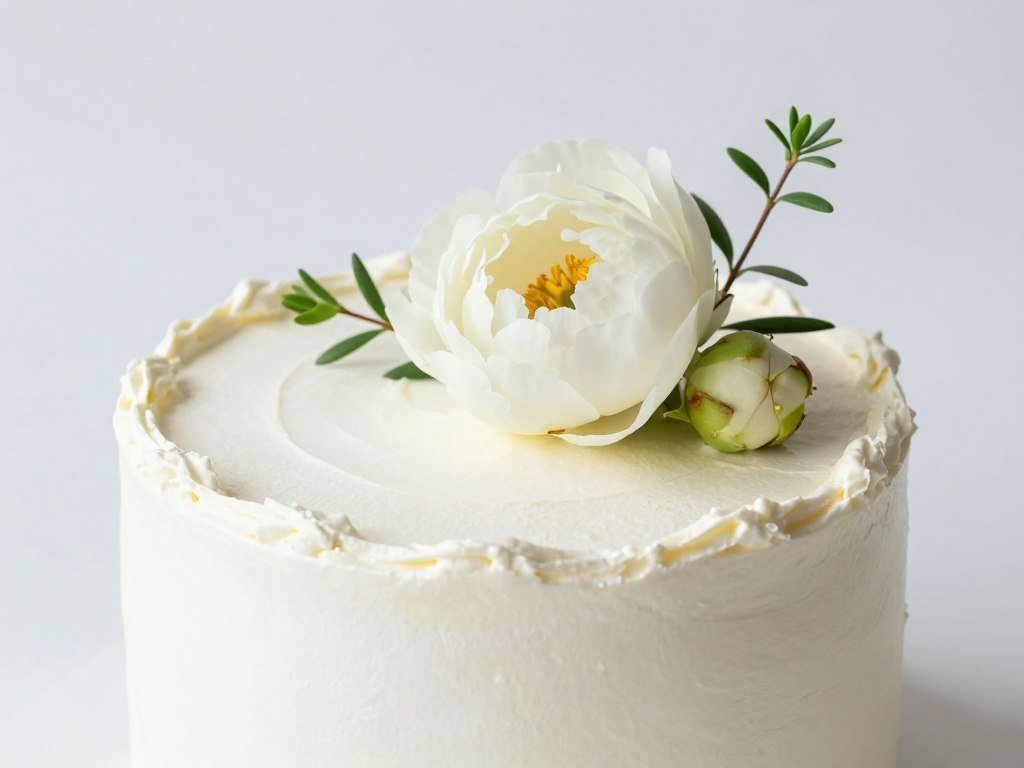 A simple white cake decorated with a single fresh flower and greenery for an elegant minimalist design