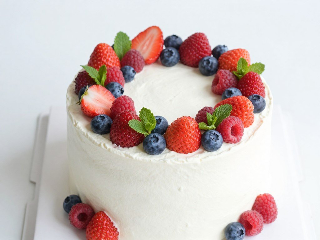 A simple white cake topped with an arrangement of fresh seasonal berries and mint leaves