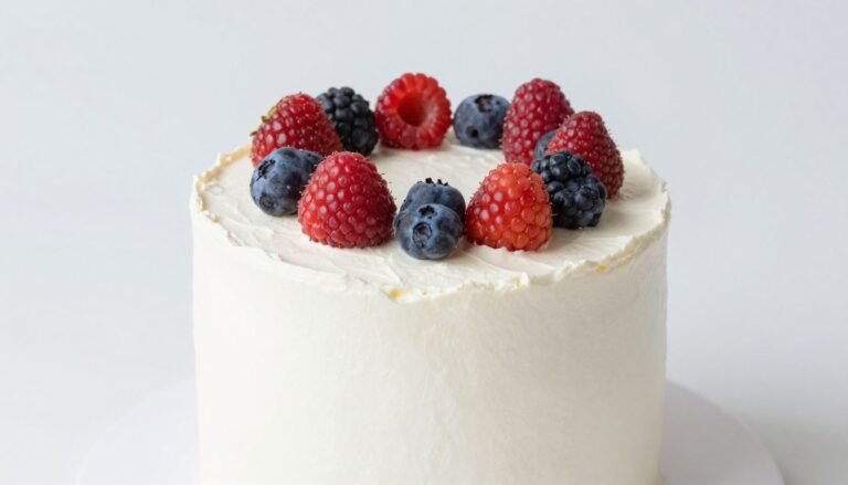A simple white cake with fresh berries and minimal buttercream decoration showcasing the elegant simplicity of cake design