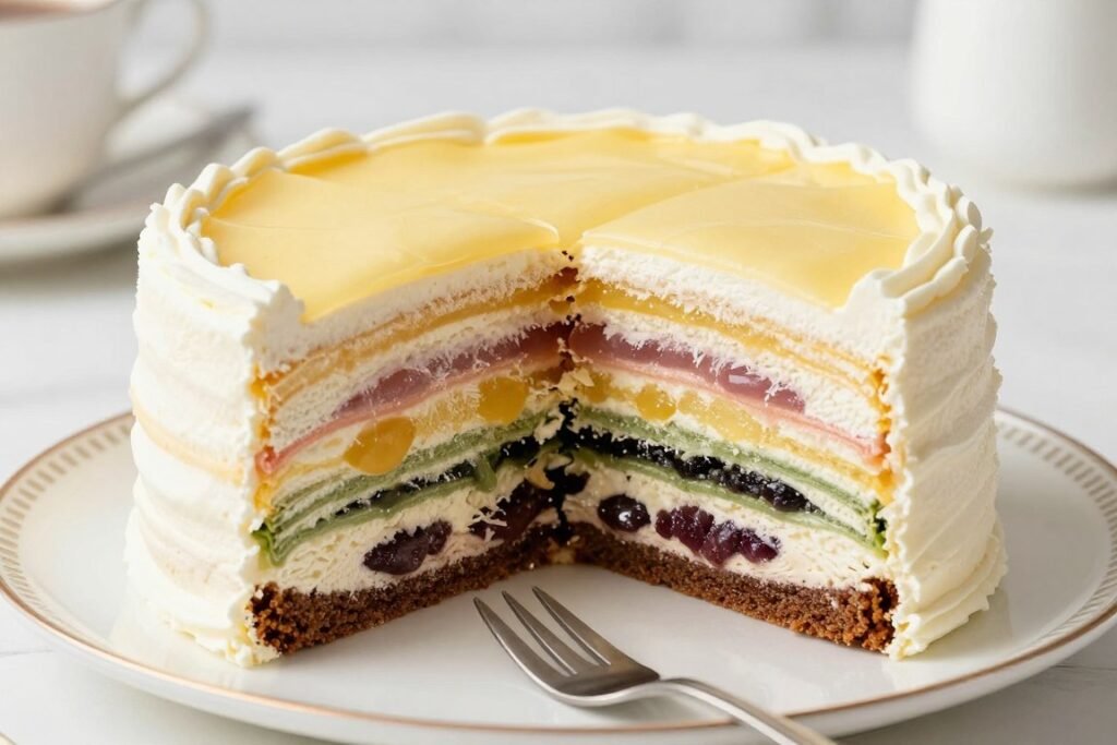 A sliced birthday cake revealing layers of different flavors and fillings A sliced birthday cake revealing layers of different flavors and fillings