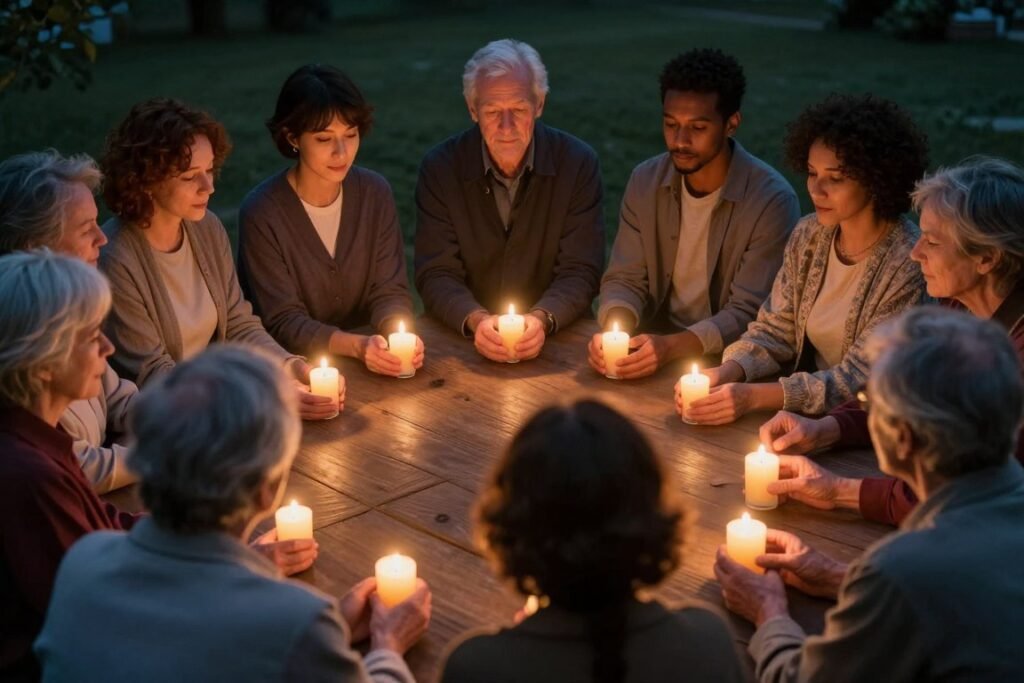 A small group gathering with candles to celebrate a happy birthday in heaven A small group gathering with candles to celebrate a happy birthday in heaven