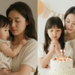 A split image showing a baby girl and the same woman as an adult on her birthday, highlighting the happy birthday daughter from mom journey