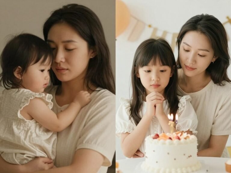 A split image showing a baby girl and the same woman as an adult on her birthday, highlighting the happy birthday daughter from mom journey
