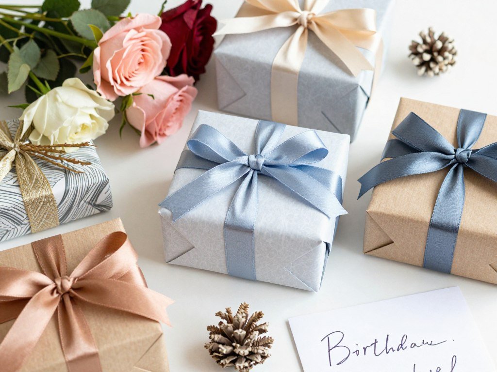 A stunning birthday gift presentation featuring beautifully wrapped packages with coordinated ribbons, fresh flowers, and decorative elements A stunning birthday gift presentation featuring beautifully wrapped packages with coordinated ribbons, fresh flowers, and decorative elements
