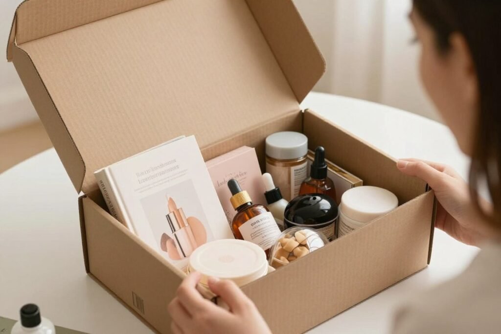 A subscription box being opened with birthday treats inside for a happy birthday to me gift A subscription box being opened with birthday treats inside for a happy birthday to me gift