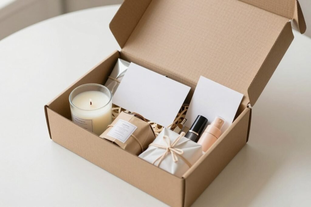 A subscription box being unboxed revealing various birthday items for a happy birthday friend celebration