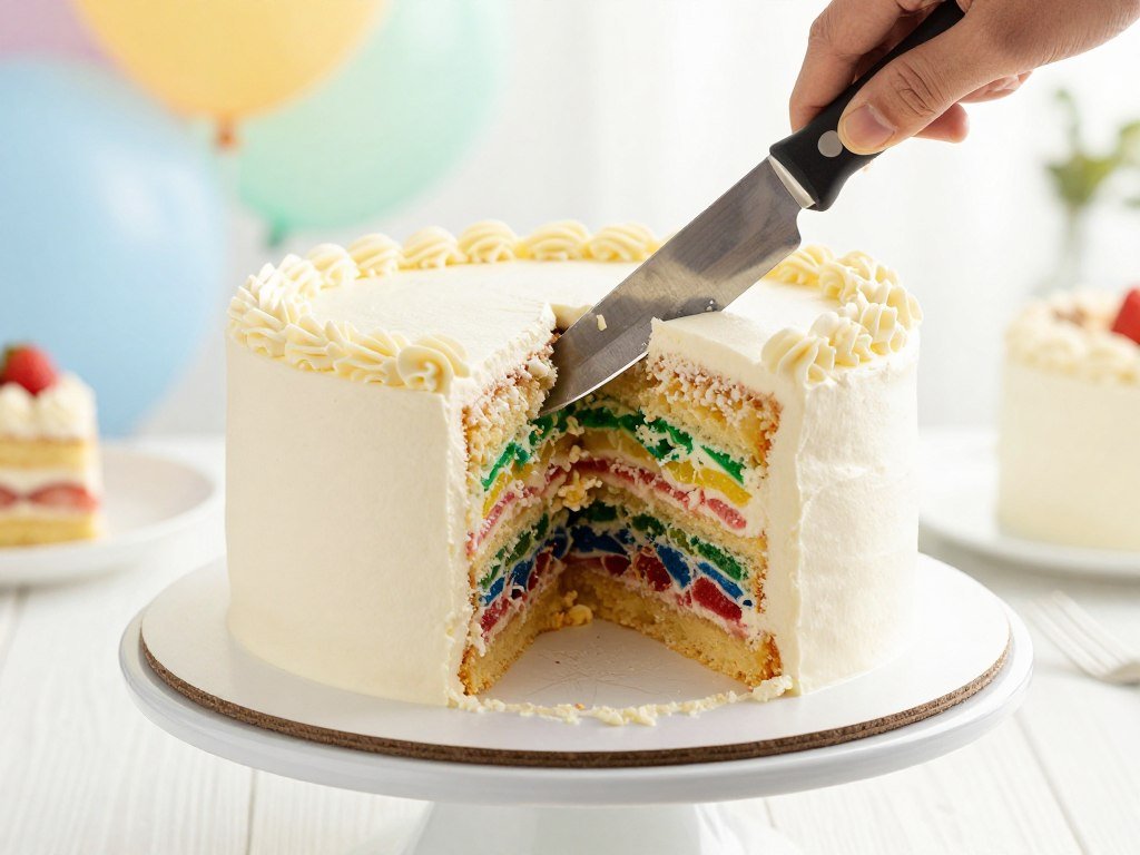 A surprise-inside birthday cake revealing a colorful pattern when cut A surprise-inside birthday cake revealing a colorful pattern when cut
