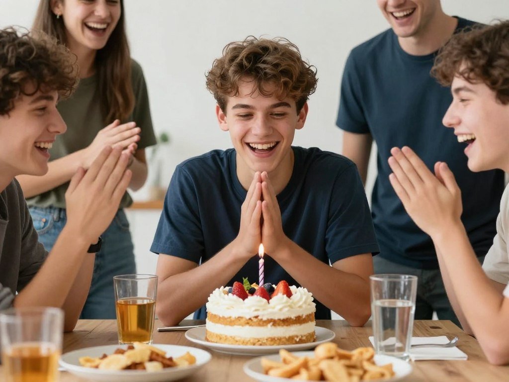 A teenage boy celebrating his birthday with friends, laughing together