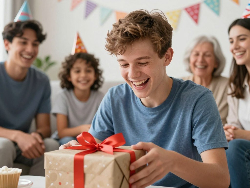 A teenage boy laughing while opening a humorous birthday gift, surrounded by family