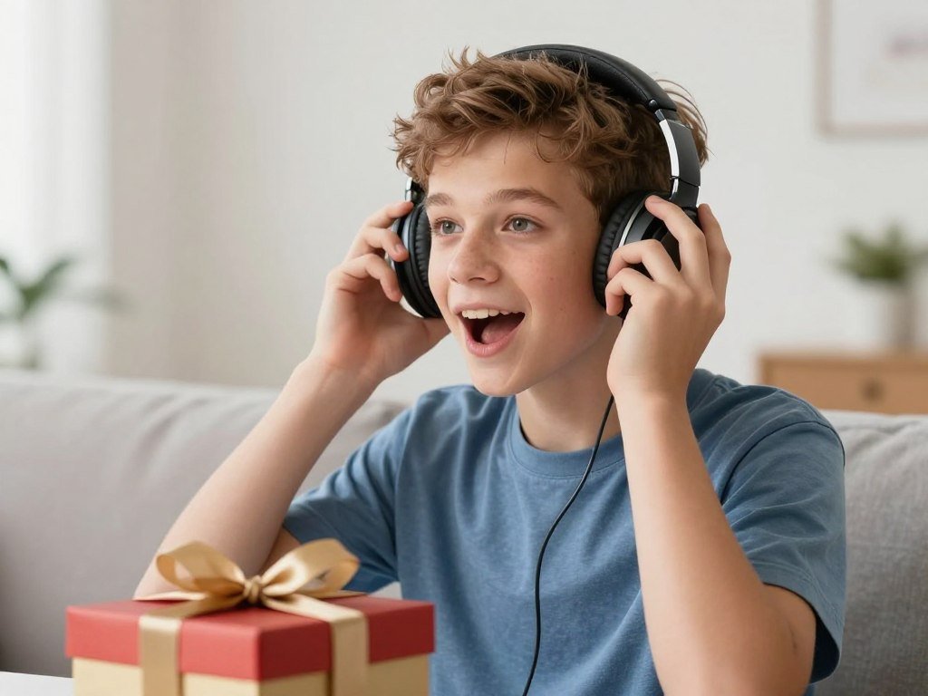 A teenage boy receiving quality headphones as a birthday gift, looking excited
