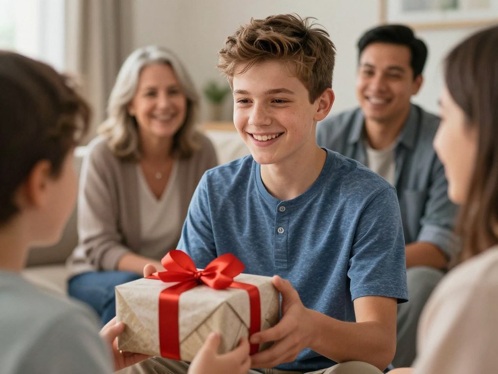 A teenage boy smiling while holding a birthday gift, surrounded by family in a warm home setting