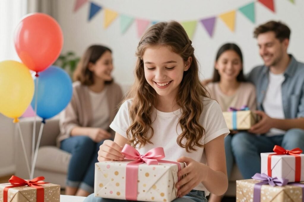 A teenage girl opening birthday presents surrounded by colorful decorations, no text overlay A teenage girl opening birthday presents surrounded by colorful decorations, no text overlay