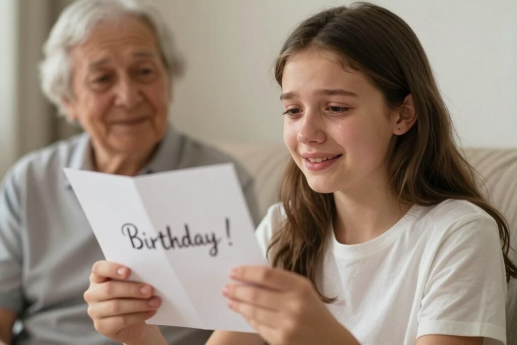 A teenage granddaughter reading a heartfelt birthday message from her grandparents with visible emotion and connection despite the generation gap