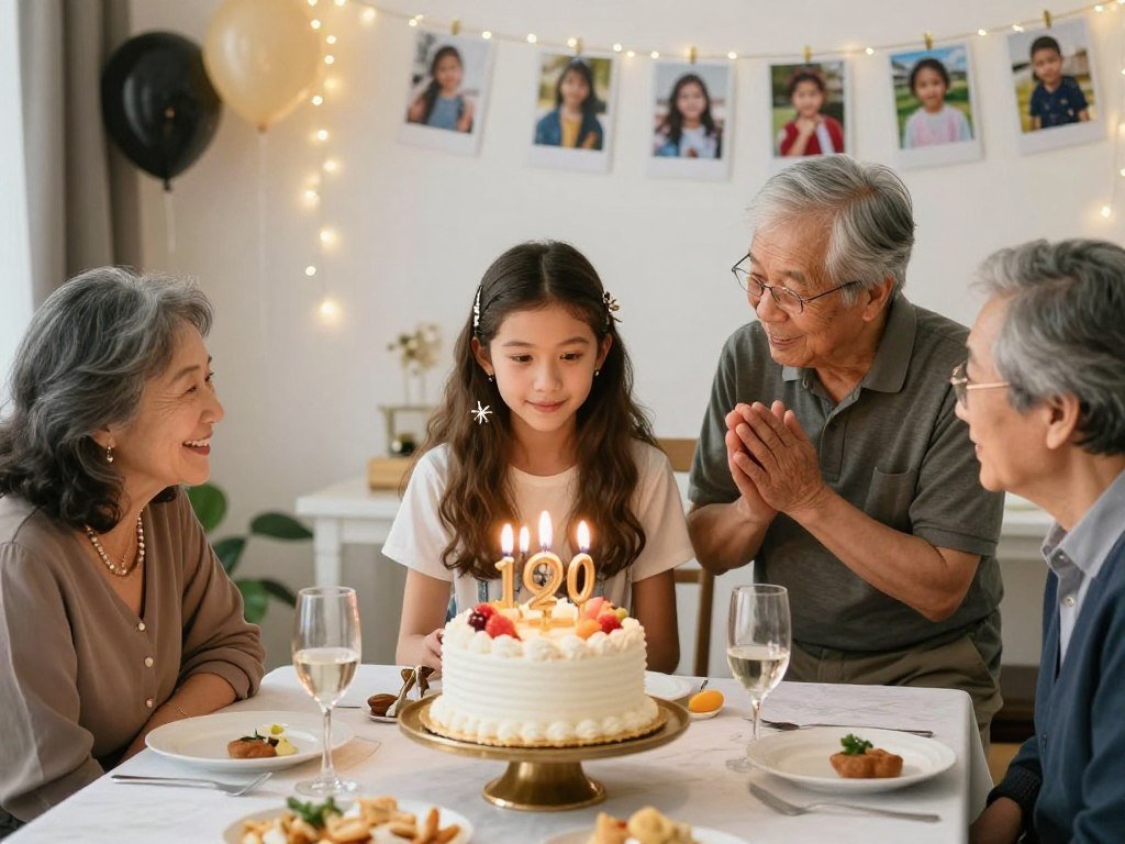 A teenage granddaughter's birthday celebration showing a balance of sophistication and fun, with meaningful conversations between generations and age-appropriate festivities