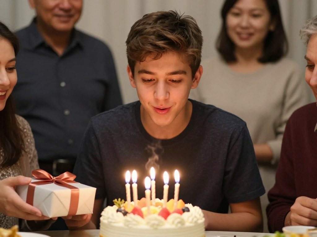 A teenage grandson celebrating his birthday with family, looking happy and mature