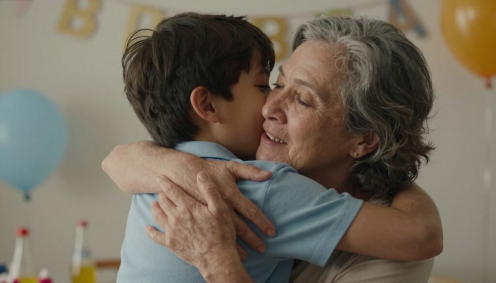 A tender moment between a grandson and grandparent sharing a hug during a birthday celebration
