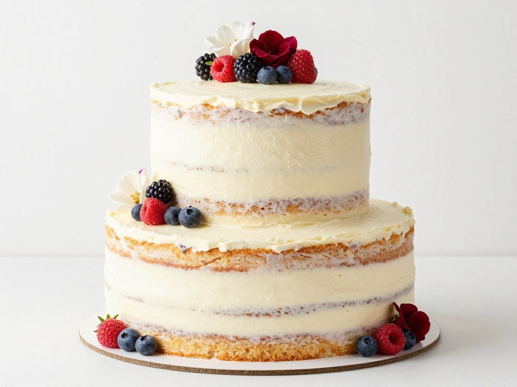 A three-layer naked cake with visible layers and minimal frosting between tiers, decorated with simple fresh flowers on top
