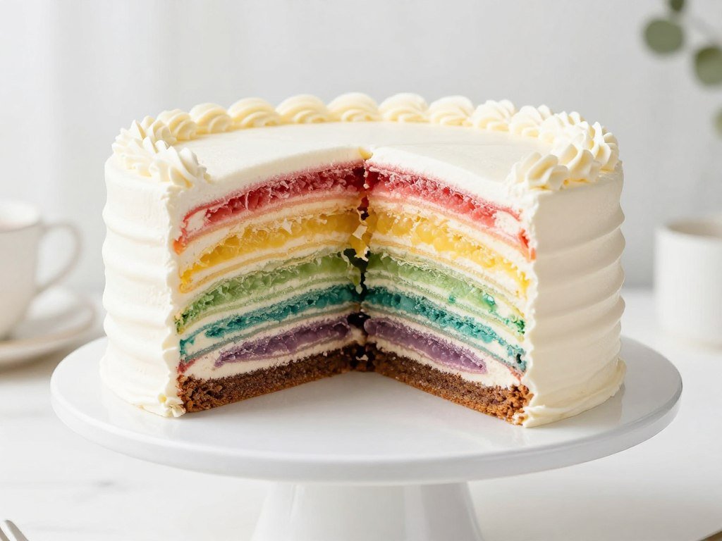A vibrant rainbow birthday cake with perfect color gradients between layers A vibrant rainbow birthday cake with perfect color gradients between layers
