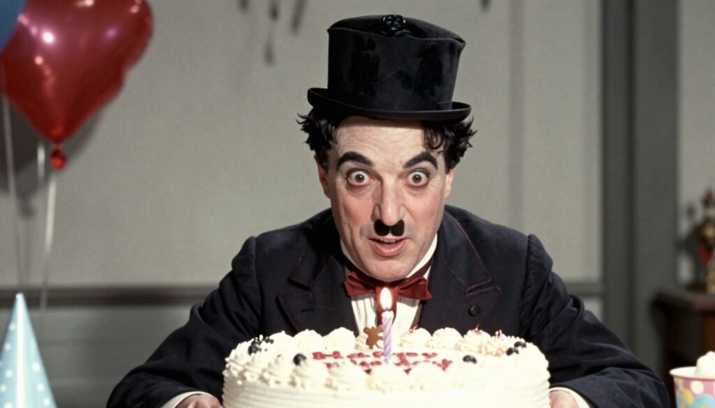 A vintage-style image of a famous comedian with a birthday cake, representing happy birthday funny humorous quotes