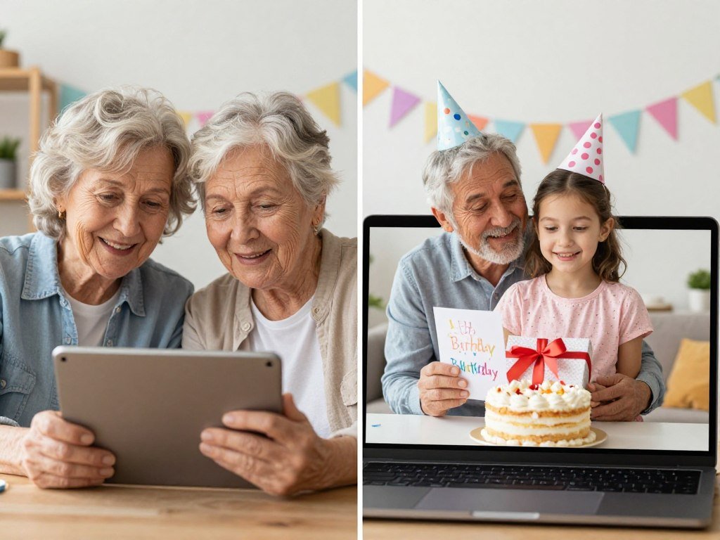 A virtual birthday celebration between grandparents and their granddaughter, showing both sides of a video call with decorations, cake, and shared joy despite the distance