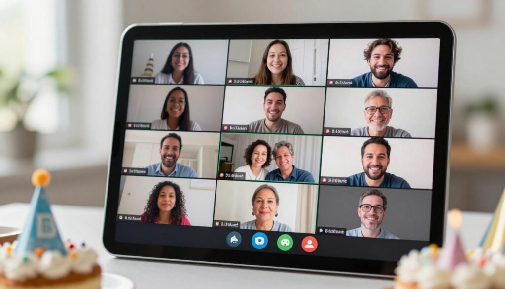 A virtual birthday celebration with family members on video call A virtual birthday celebration with family members on video call