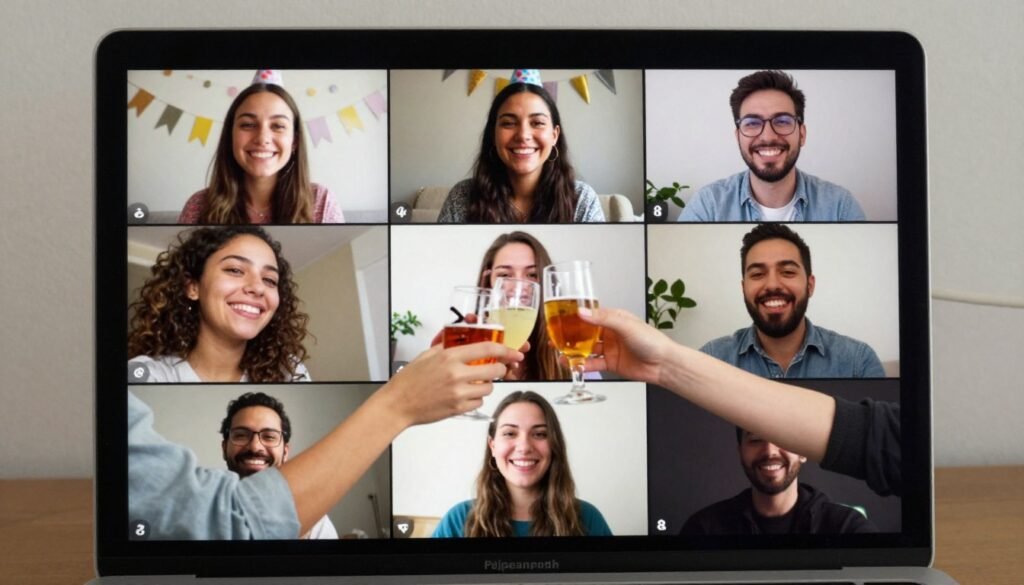 A virtual birthday party with friends on video call for a happy birthday to me celebration A virtual birthday party with friends on video call for a happy birthday to me celebration