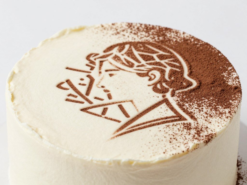 A white cake with a simple stenciled pattern in gold or contrasting color powder