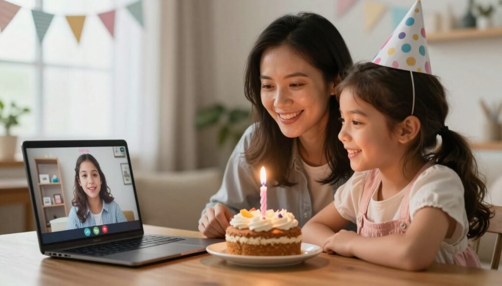 A woman having a virtual birthday celebration with her daughter via video call