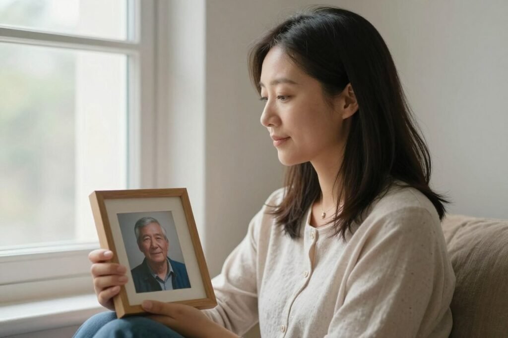 A woman holding a framed photo of her father for happy birthday in heaven dad
