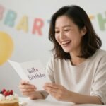 101 Happy Birthday Funny Ideas For Her: Messages, Gifts & Celebration Pranks A woman laughing while reading a funny happy birthday card with colorful decorations and cake in the background