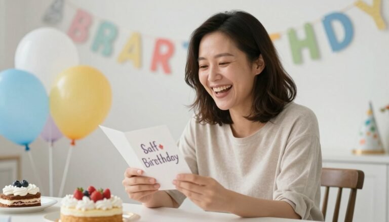 A woman laughing while reading a funny happy birthday card with colorful decorations and cake in the background