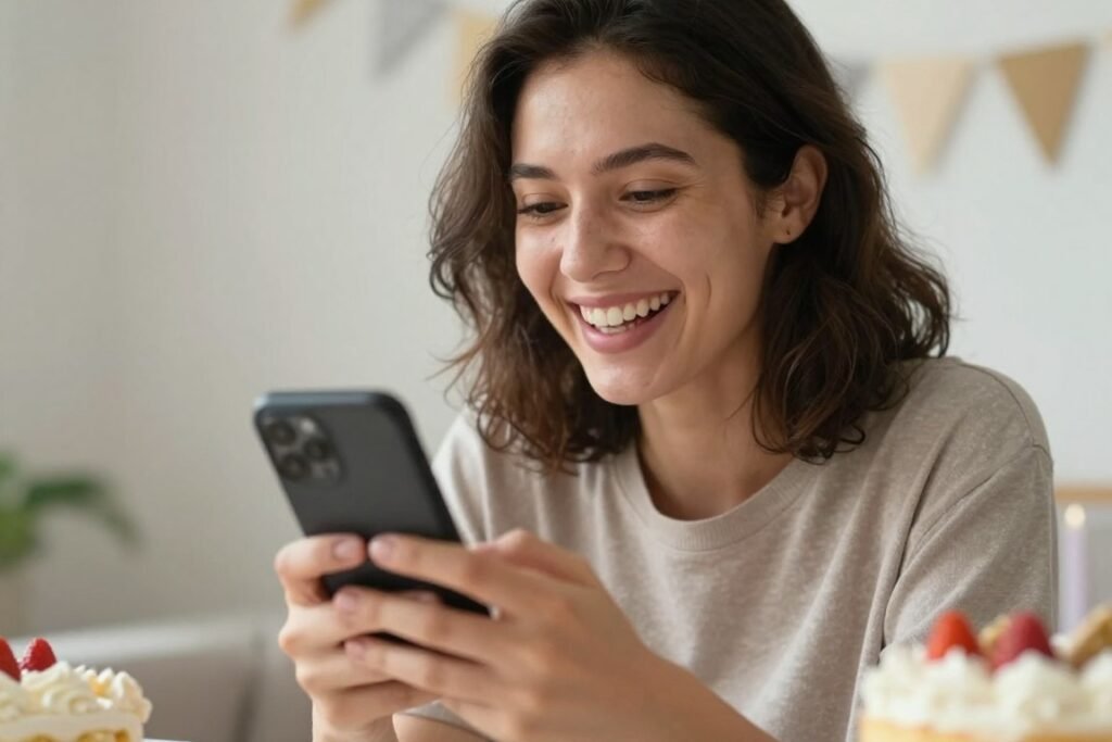 A woman looking at her phone with delight at funny birthday messages on social media