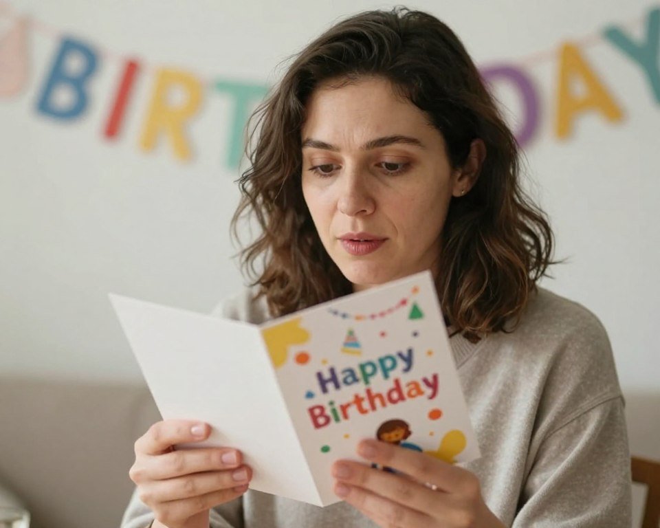 A woman opening a belated birthday card with an amused expression on her face