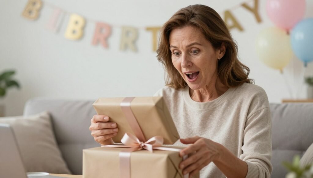 A woman opening a surprise delivery package with birthday decorations visible