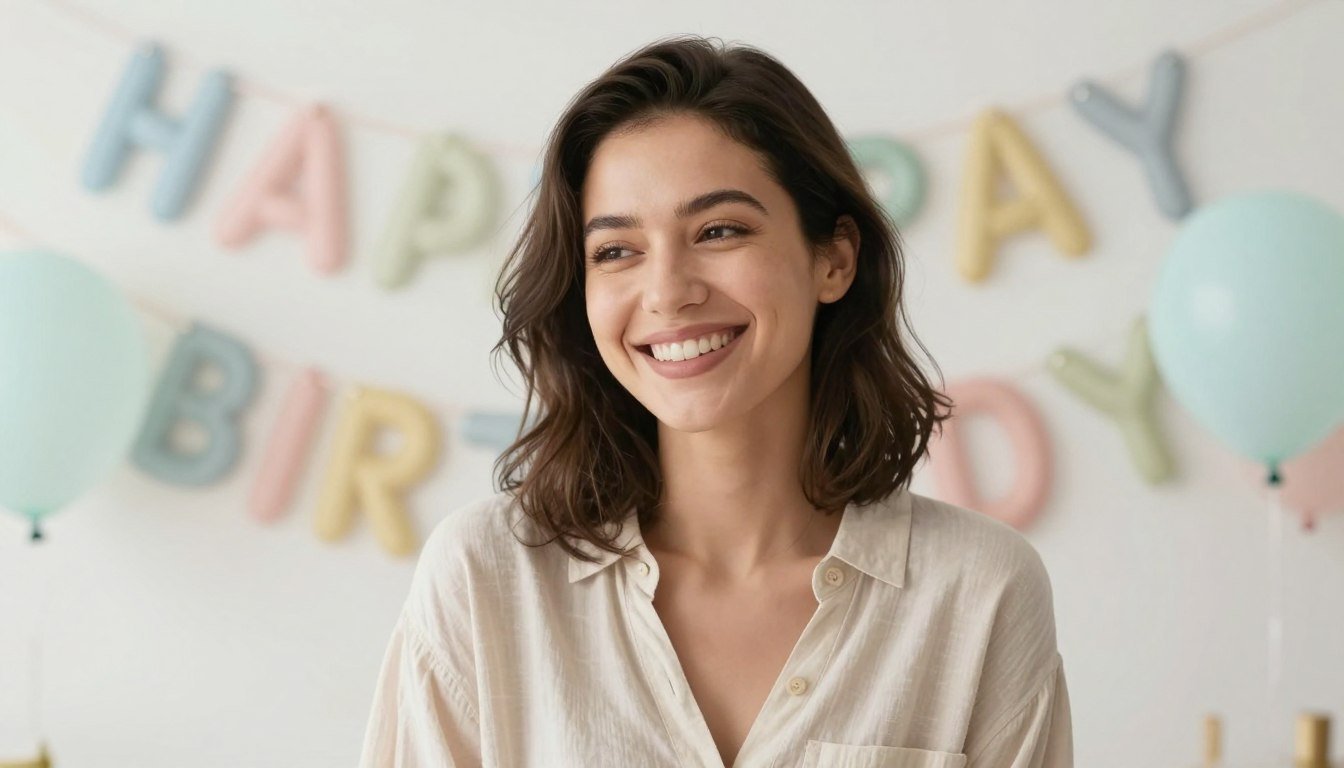 A woman smiling with birthday decorations and soft natural lighting for happy birthday woman celebrations
