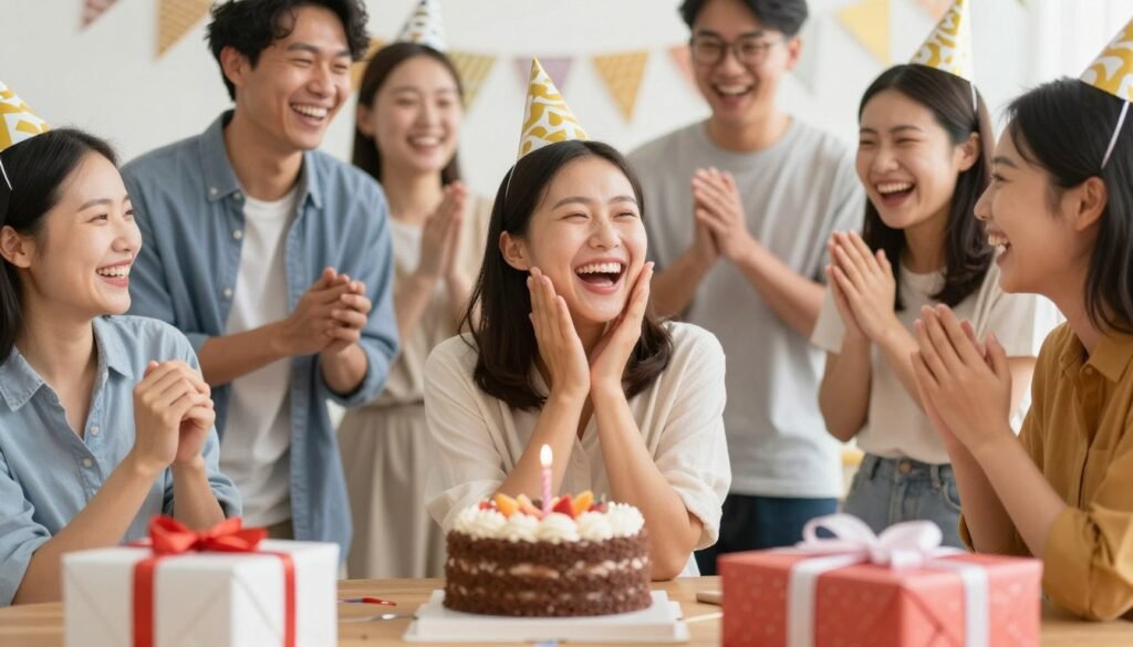 A woman surrounded by friends, laughing and enjoying her birthday celebration with funny elements