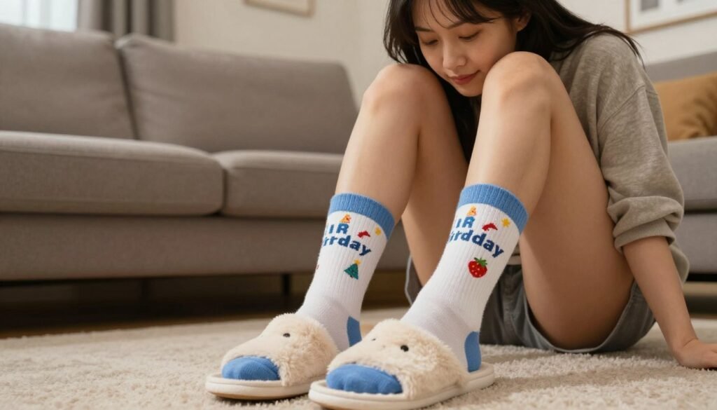 A woman wearing funny birthday socks and slippers as a humorous gift